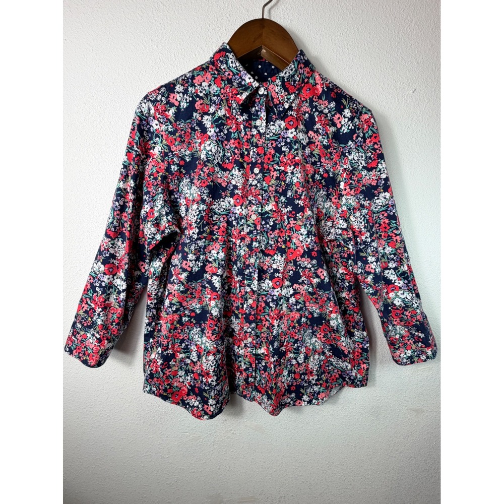 Chaps Blouse Top Womens XL Blue Floral Button up 3/4 Sleeve Non Iron Office Boho